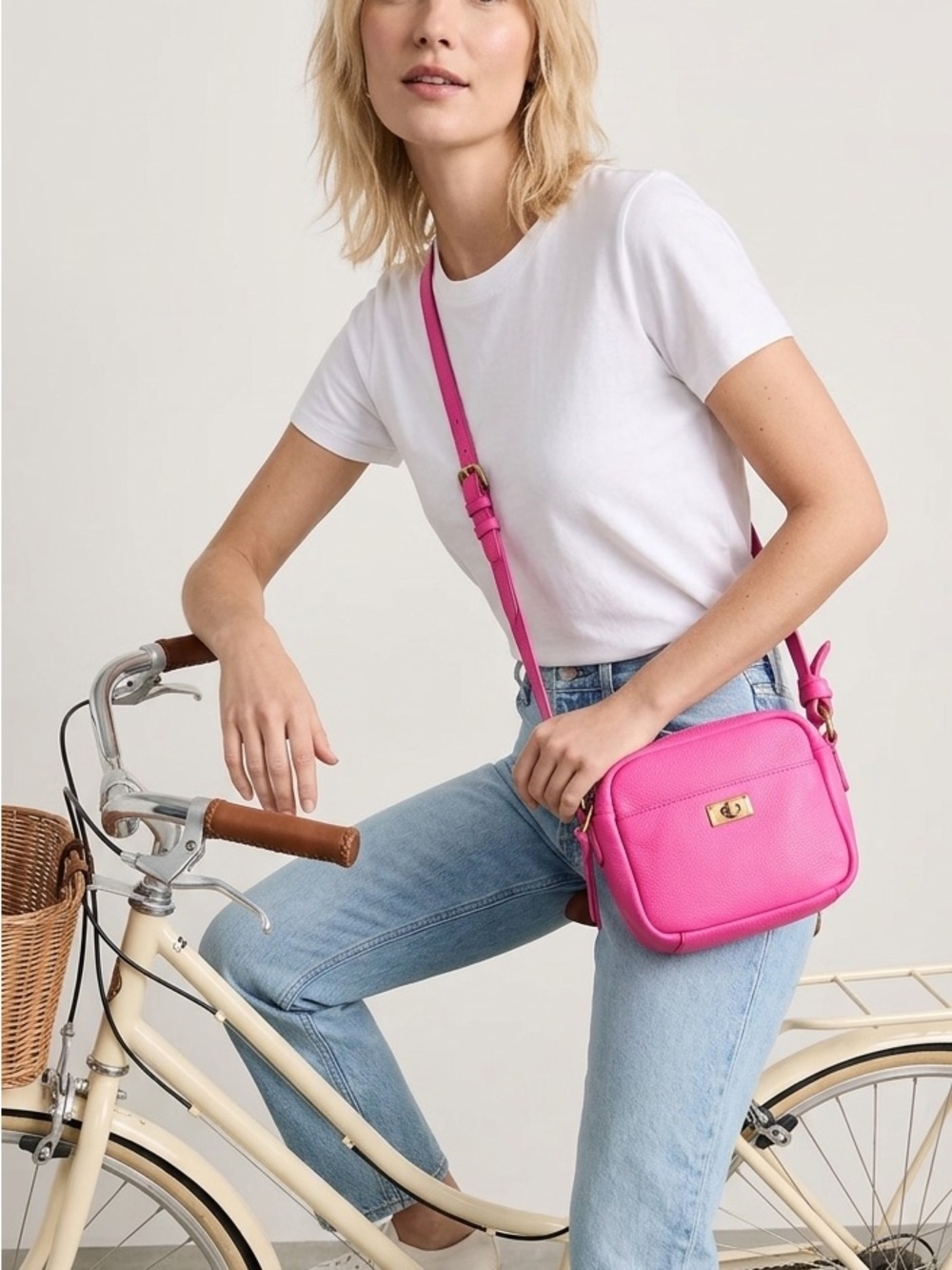 J.Crew Pebbled Leather Neon Pink Crossbody Small Camera Bag